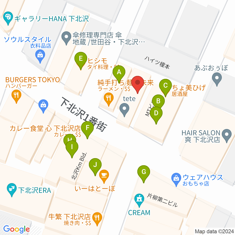 下北沢アーチスト周辺のファミレス・ファーストフード一覧地図