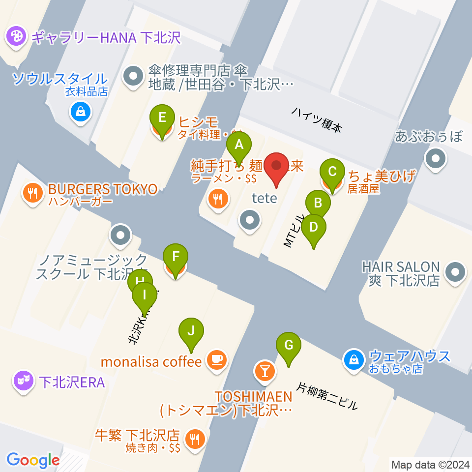 下北沢アーチスト周辺のファミレス・ファーストフード一覧地図