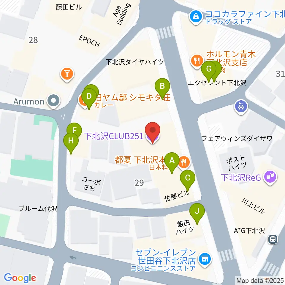 下北沢CLUB251周辺のファミレス・ファーストフード一覧地図