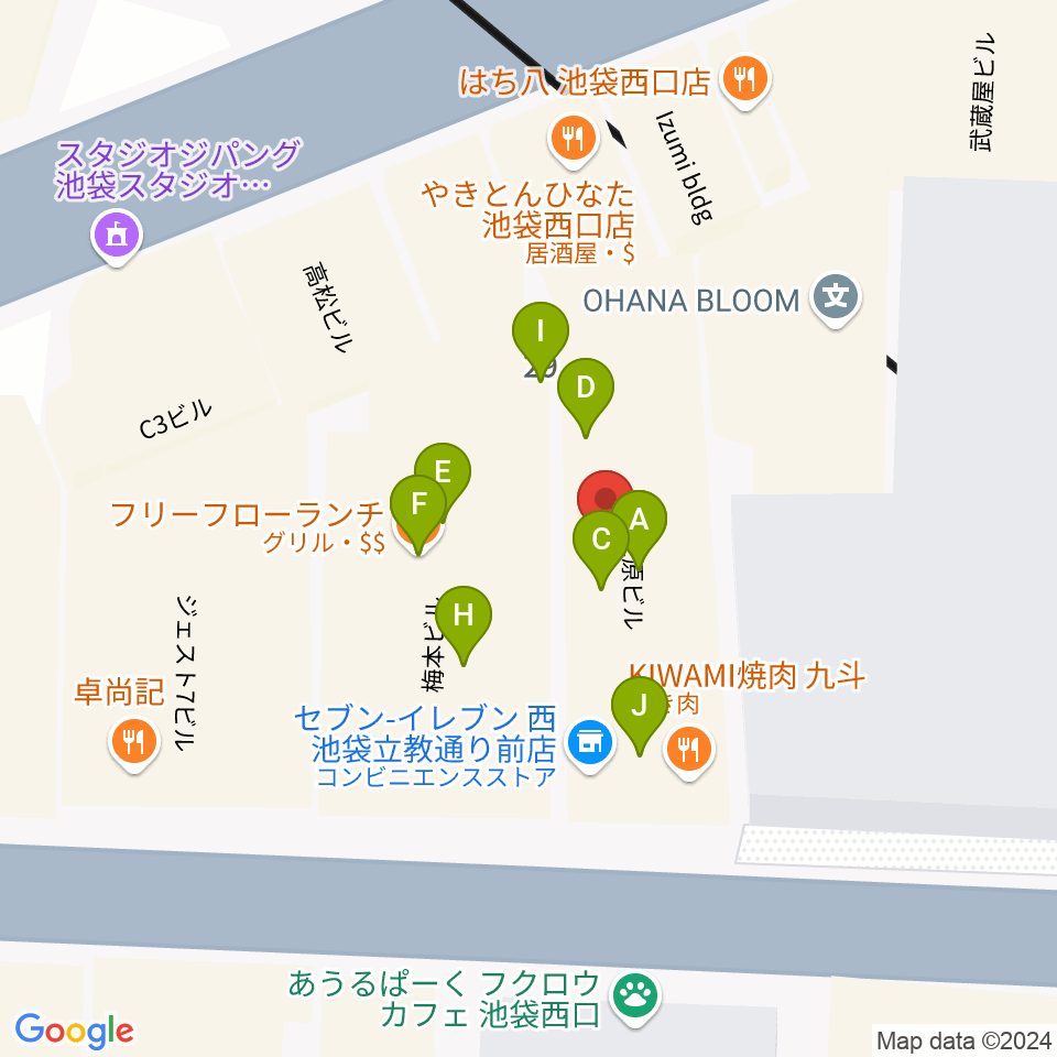 池袋フラットファイブ周辺のファミレス・ファーストフード一覧地図