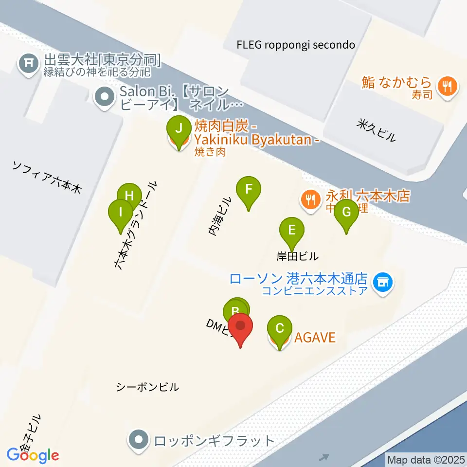 六本木マイスコッチ周辺のファミレス・ファーストフード一覧地図