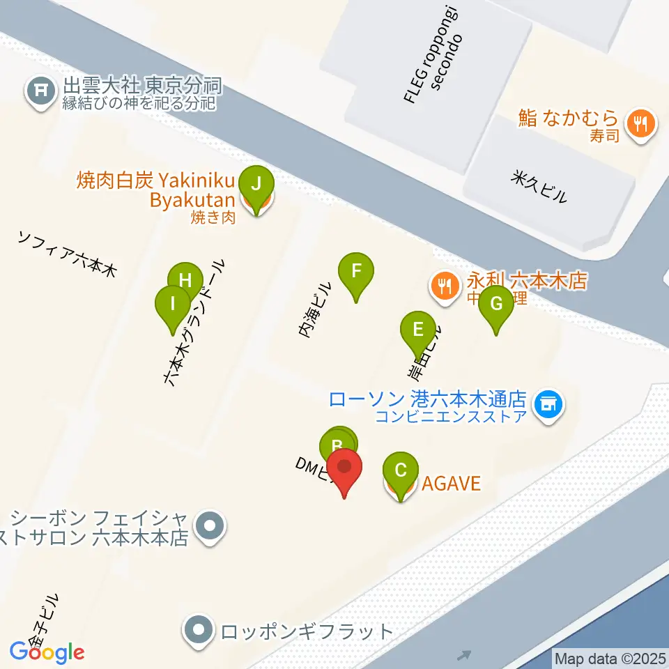 六本木マイスコッチ周辺のファミレス・ファーストフード一覧地図