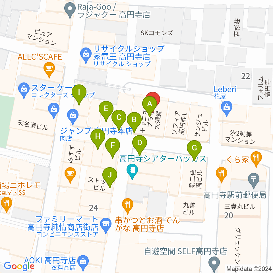 高円寺ムーンストンプ周辺のファミレス・ファーストフード一覧地図