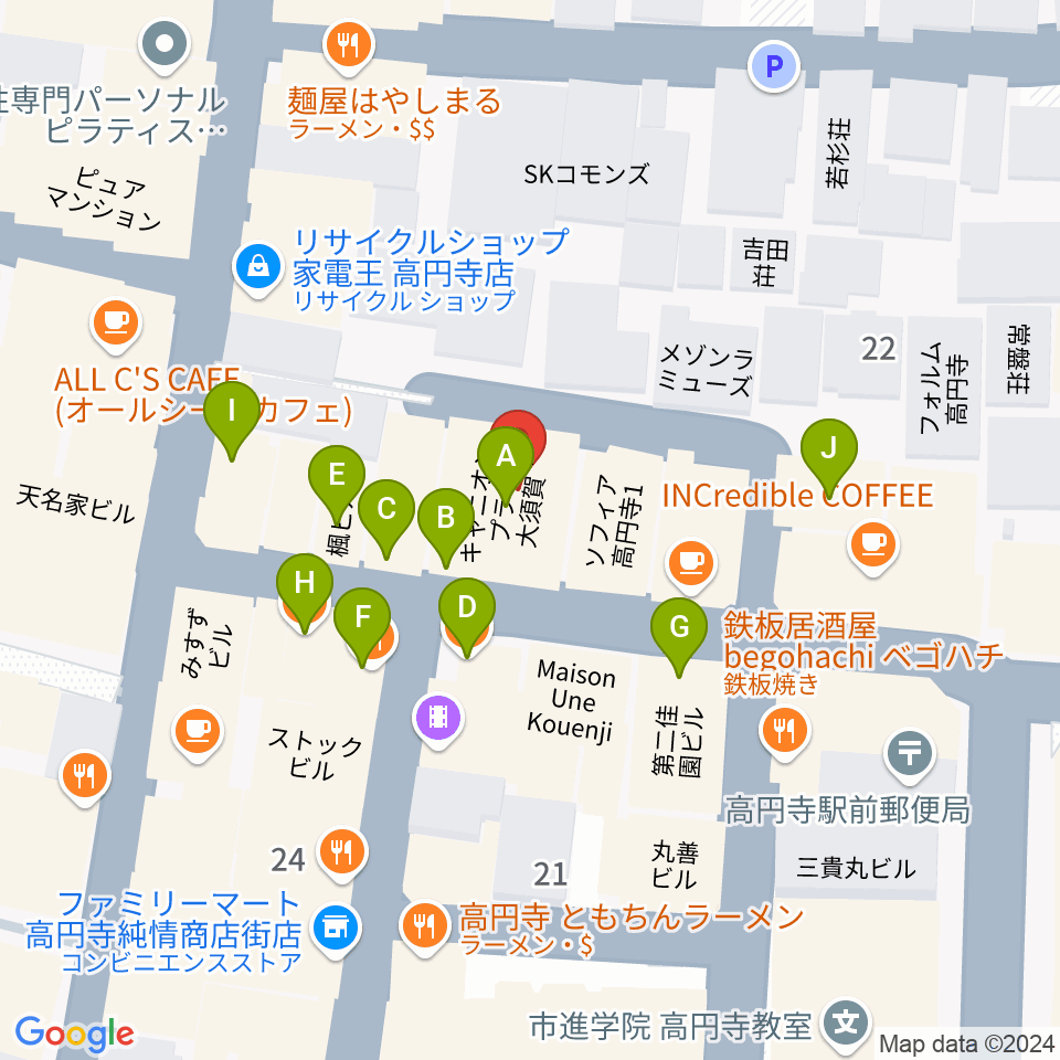 高円寺ムーンストンプ周辺のファミレス・ファーストフード一覧地図