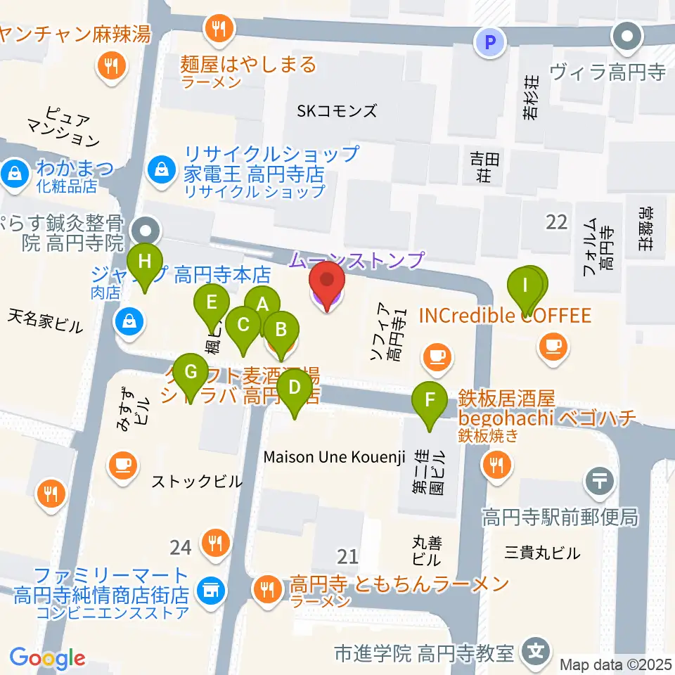 高円寺ムーンストンプ周辺のファミレス・ファーストフード一覧地図