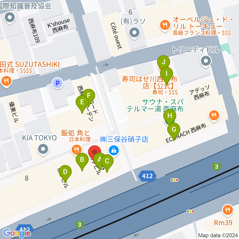 西麻布 新世界周辺のファミレス・ファーストフード一覧地図