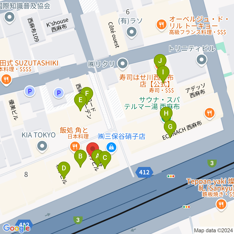 西麻布 新世界周辺のファミレス・ファーストフード一覧地図