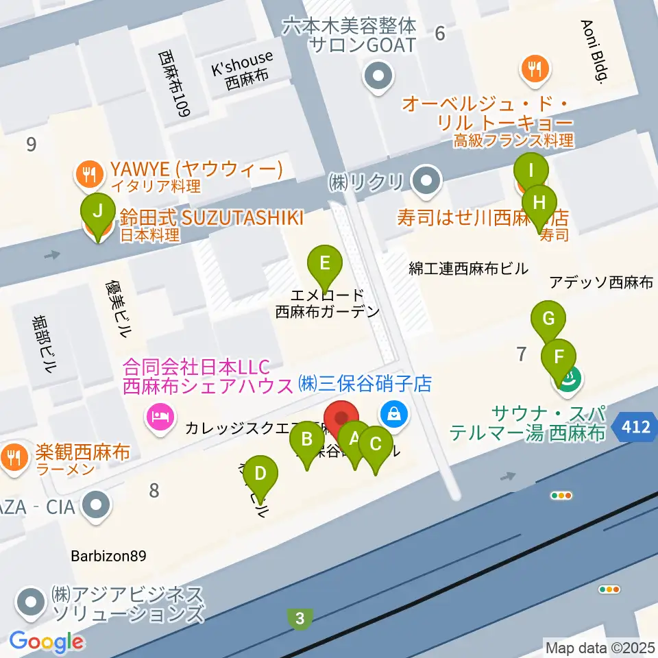 西麻布 新世界周辺のファミレス・ファーストフード一覧地図
