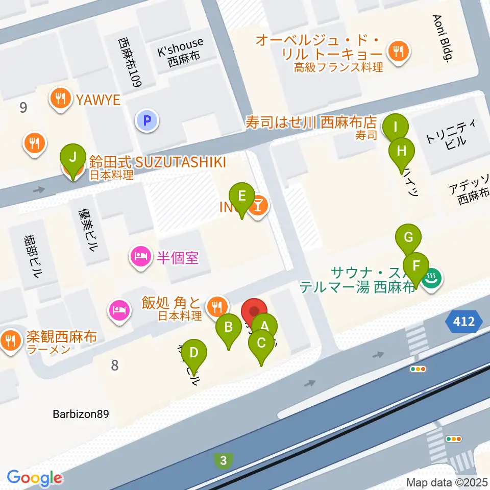 西麻布 新世界周辺のファミレス・ファーストフード一覧地図