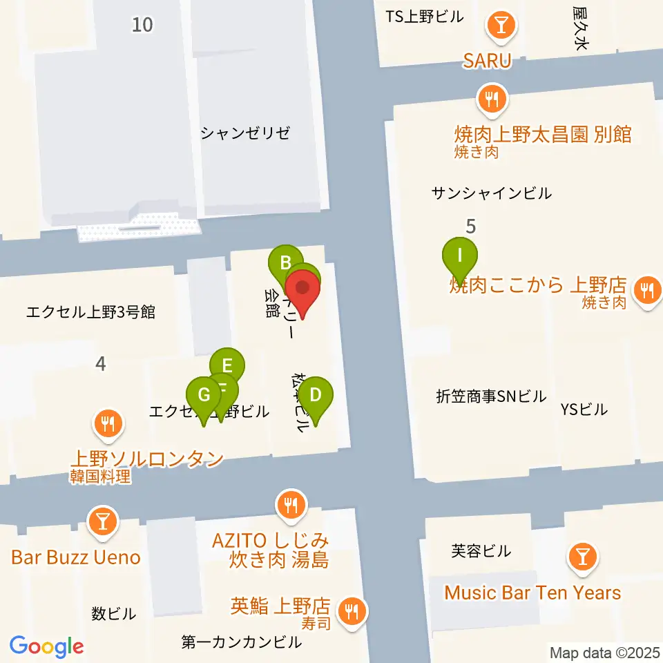 上野アリエス周辺のファミレス・ファーストフード一覧地図