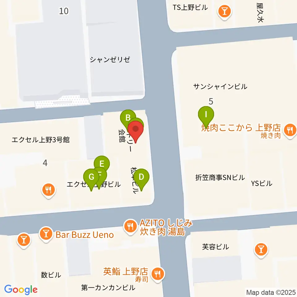 上野アリエス周辺のファミレス・ファーストフード一覧地図