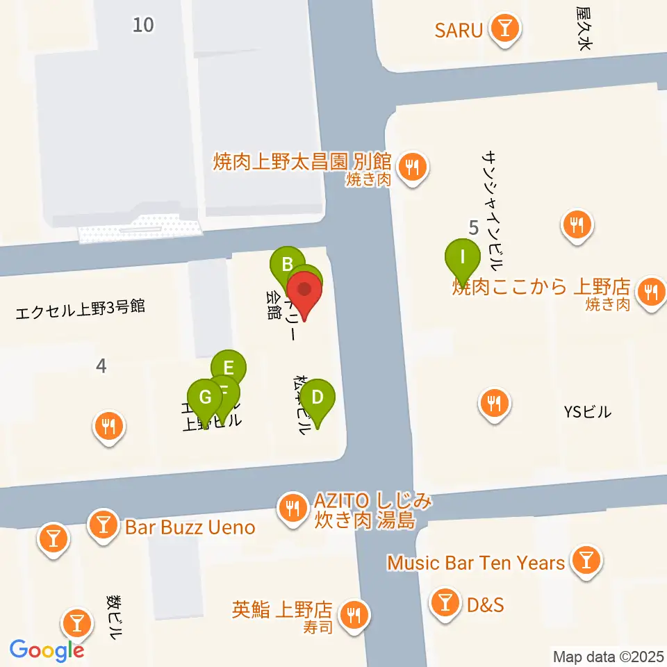 上野アリエス周辺のファミレス・ファーストフード一覧地図