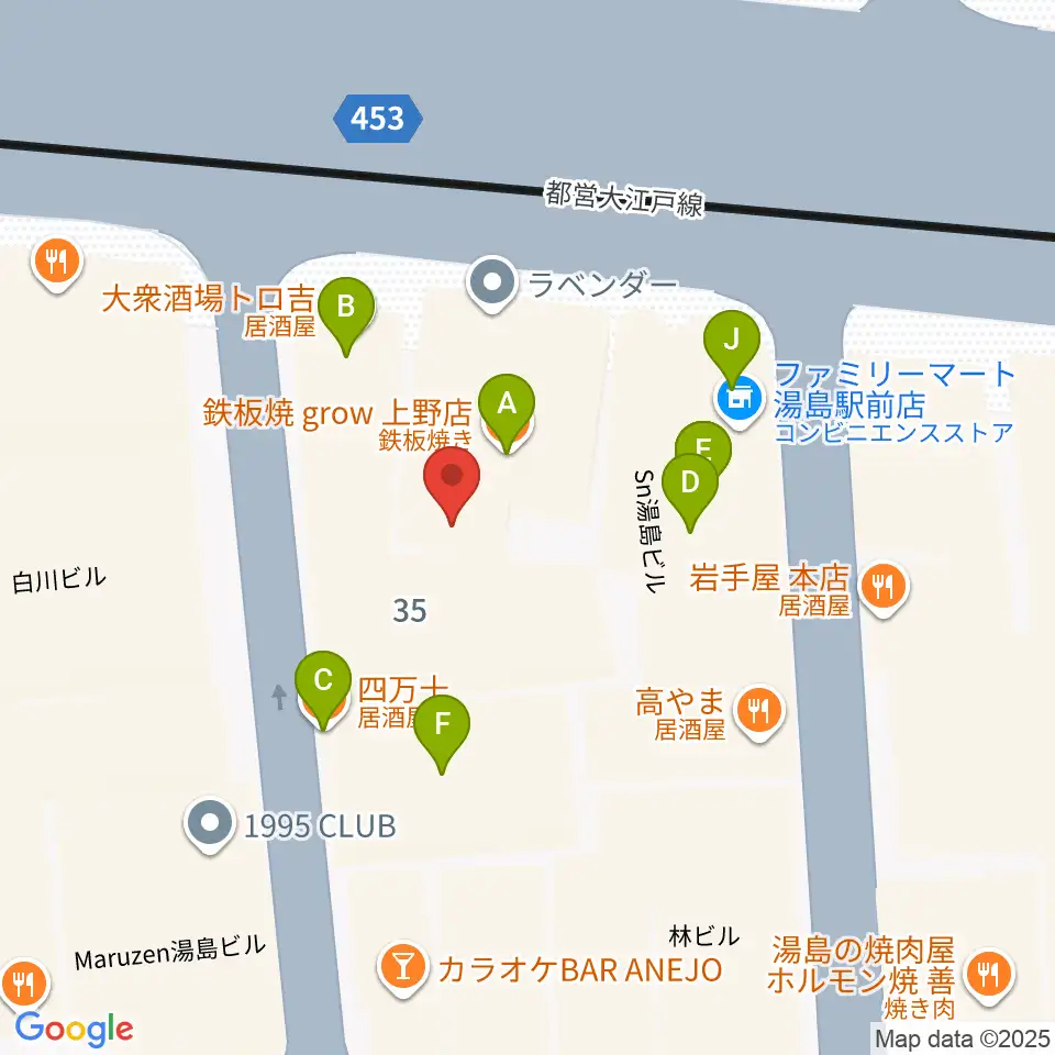 湯島カスター周辺のファミレス・ファーストフード一覧地図