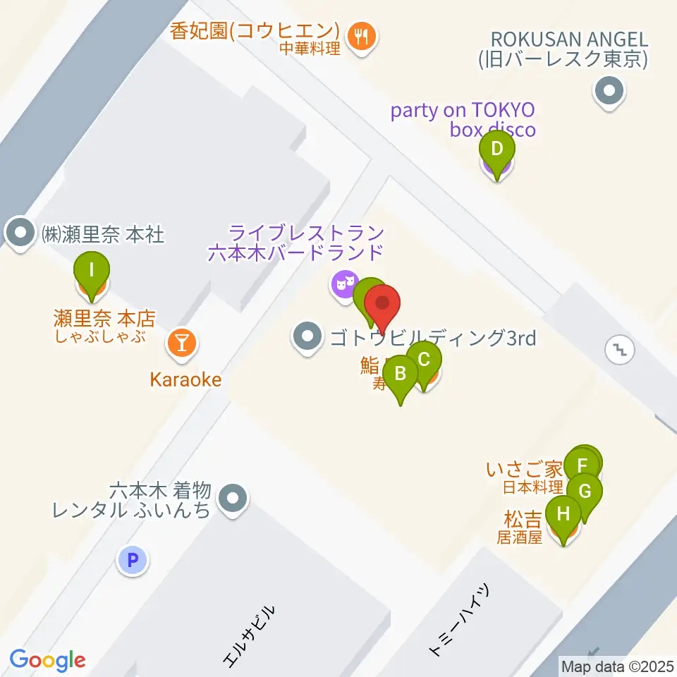 六本木バードランド周辺のファミレス・ファーストフード一覧地図