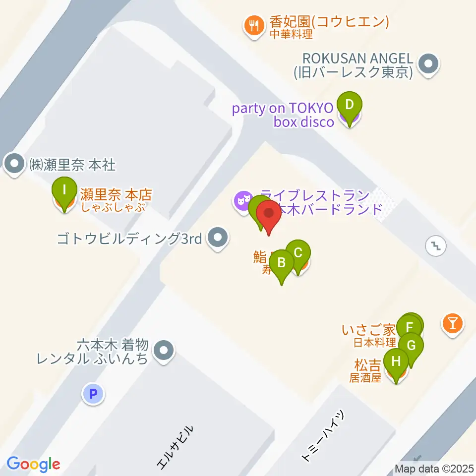 六本木バードランド周辺のファミレス・ファーストフード一覧地図