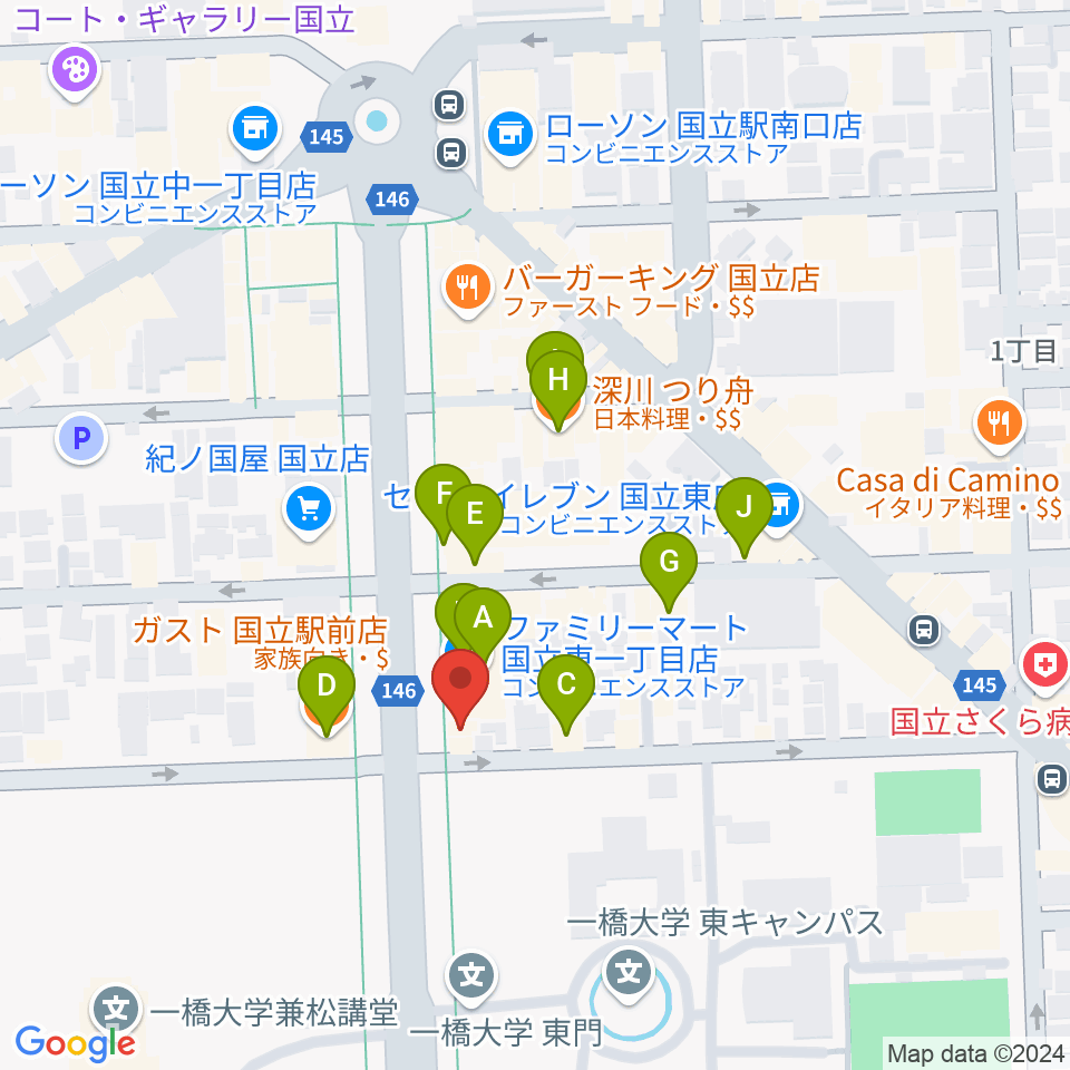 国立 地球屋周辺のファミレス・ファーストフード一覧地図