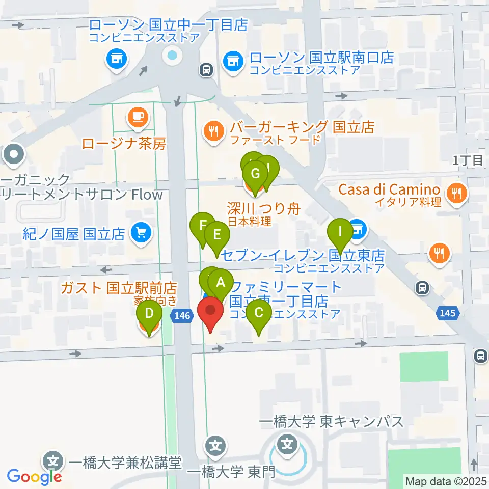 国立 地球屋周辺のファミレス・ファーストフード一覧地図