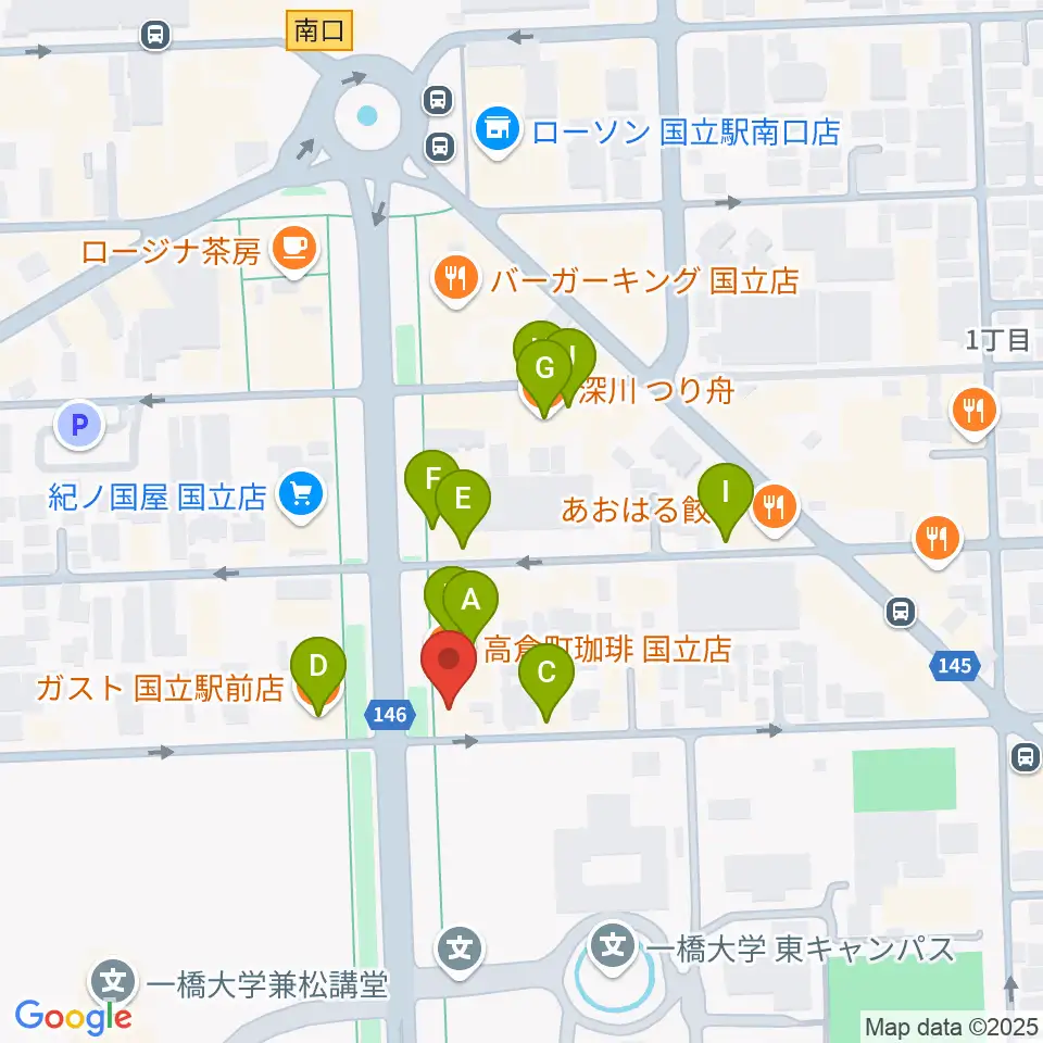 国立 地球屋周辺のファミレス・ファーストフード一覧地図
