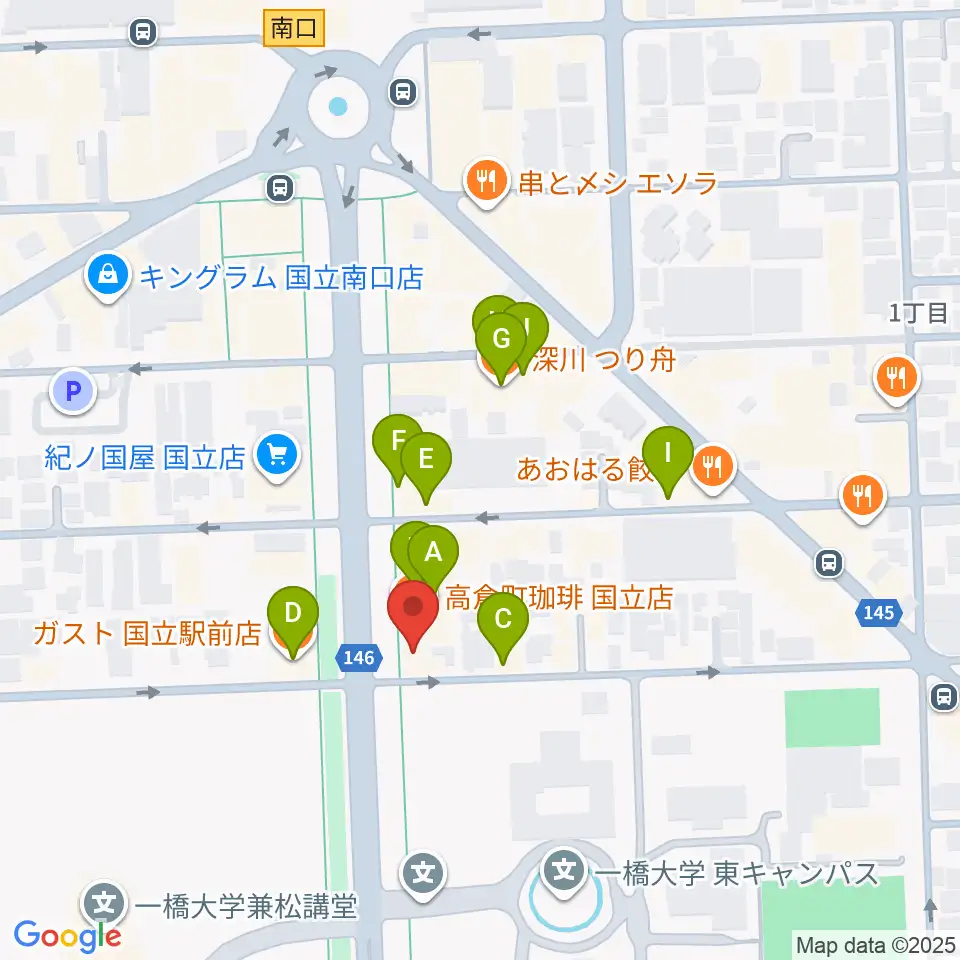 国立 地球屋周辺のファミレス・ファーストフード一覧地図