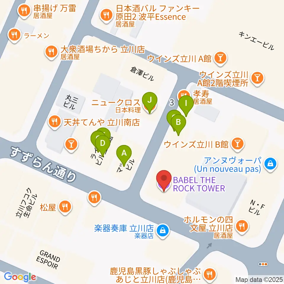 立川BABEL周辺のファミレス・ファーストフード一覧地図