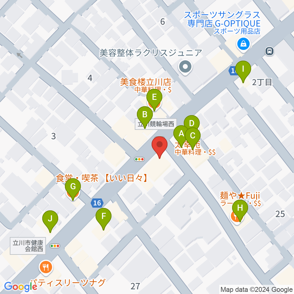 立川CRAZY JAM周辺のファミレス・ファーストフード一覧地図