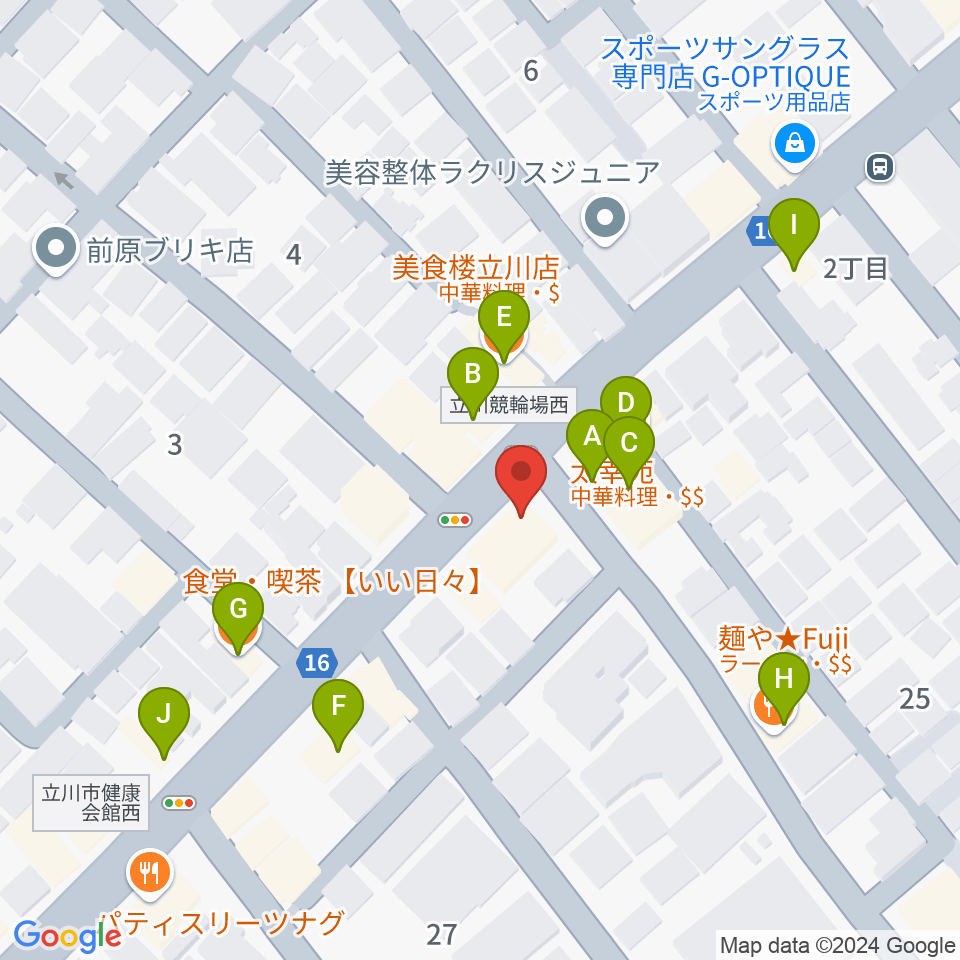 立川CRAZY JAM周辺のファミレス・ファーストフード一覧地図