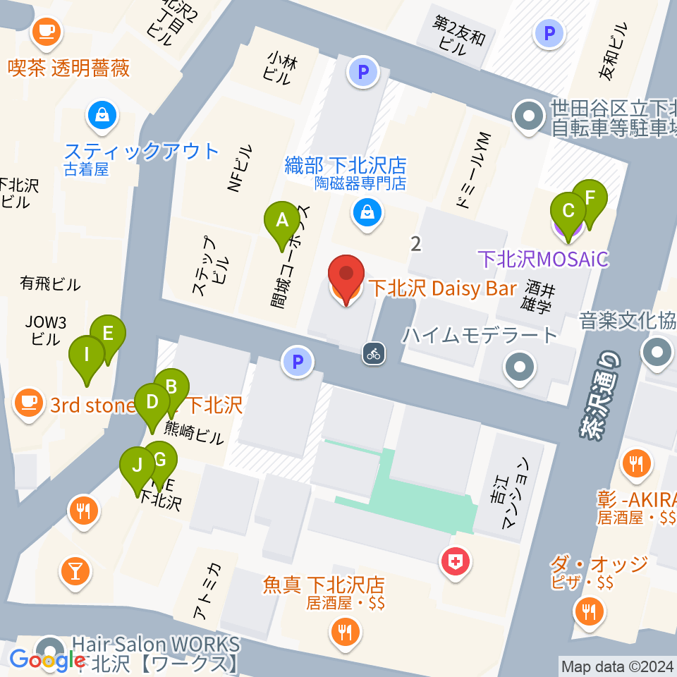 下北沢デイジーバー周辺のファミレス・ファーストフード一覧地図