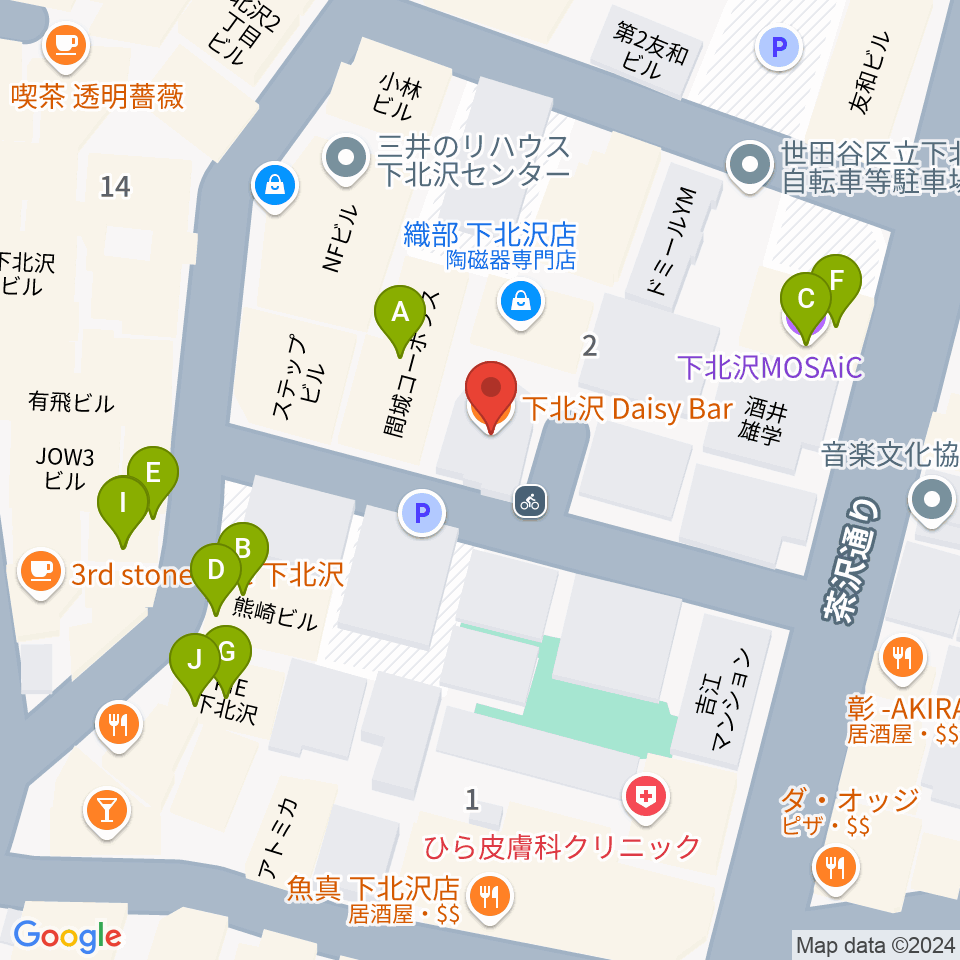 下北沢デイジーバー周辺のファミレス・ファーストフード一覧地図