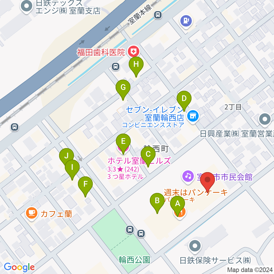 わにホール室蘭市市民会館周辺のファミレス・ファーストフード一覧地図