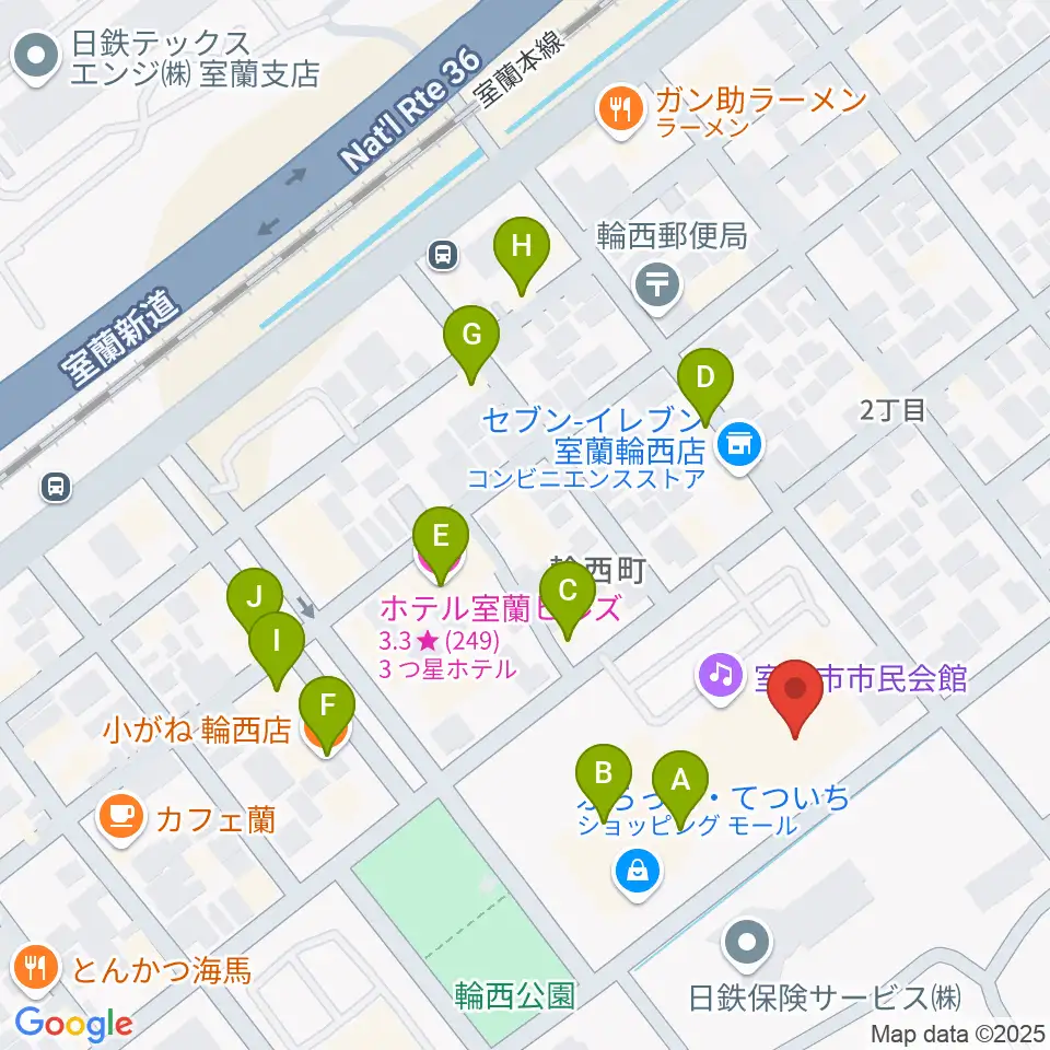 わにホール室蘭市市民会館周辺のファミレス・ファーストフード一覧地図