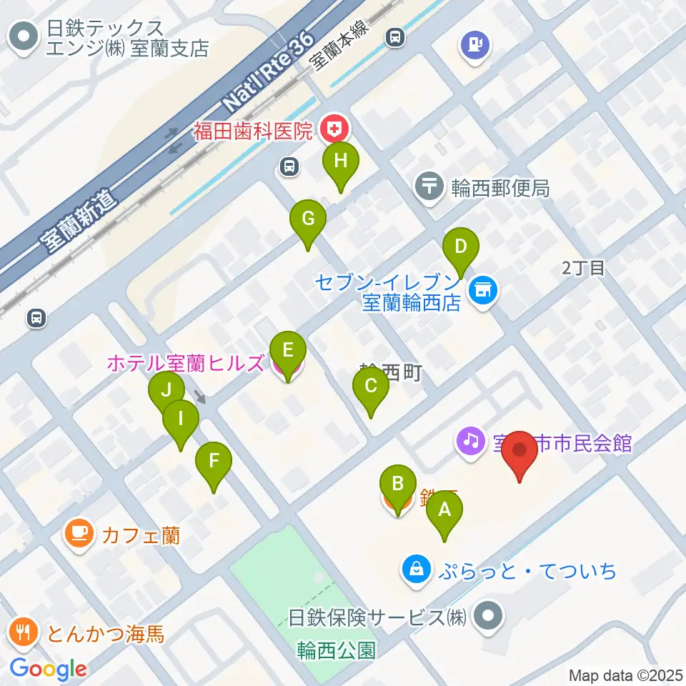 わにホール室蘭市市民会館周辺のファミレス・ファーストフード一覧地図
