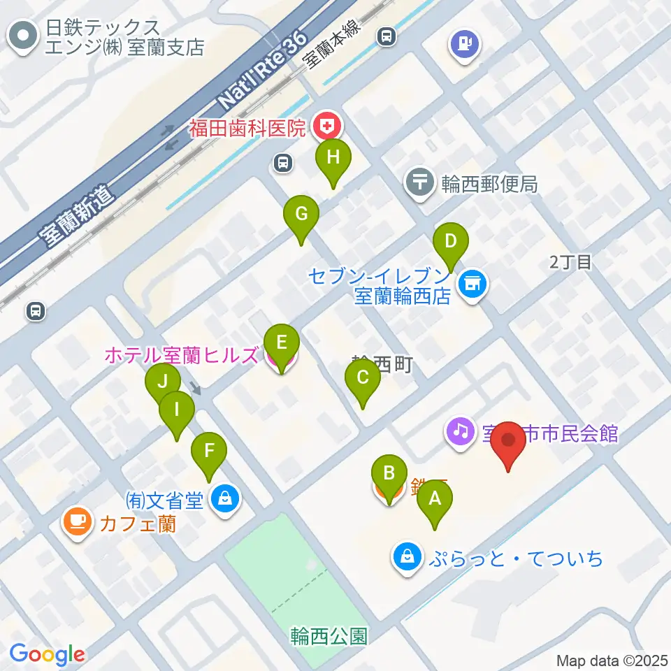 わにホール室蘭市市民会館周辺のファミレス・ファーストフード一覧地図