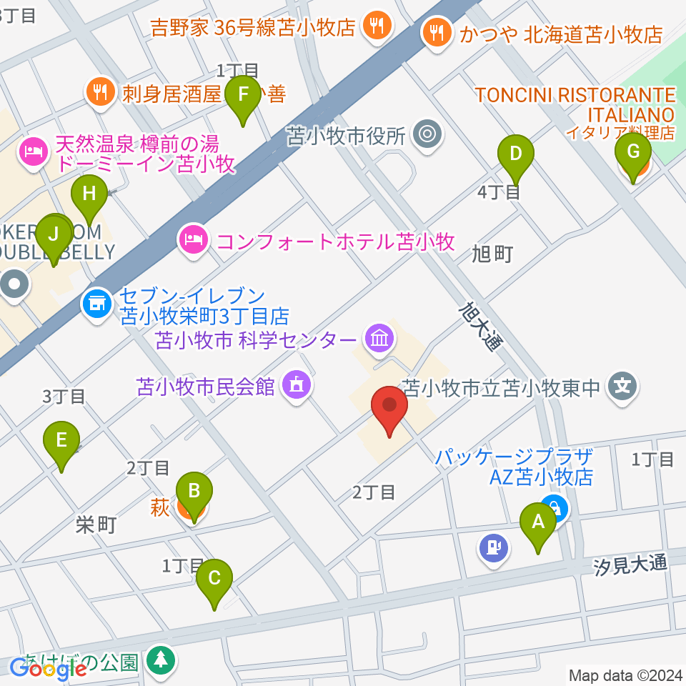 苫小牧市文化会館周辺のファミレス・ファーストフード一覧地図