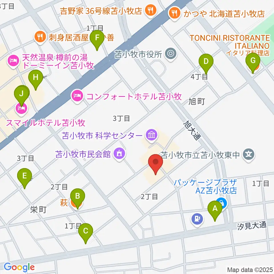 苫小牧市文化会館周辺のファミレス・ファーストフード一覧地図