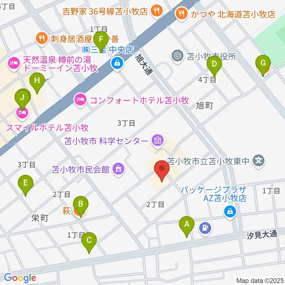 苫小牧市文化会館周辺のファミレス・ファーストフード一覧地図
