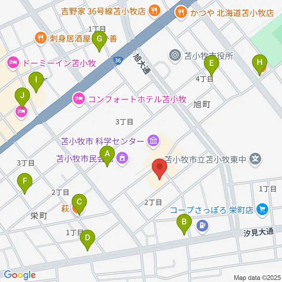 苫小牧市文化会館周辺のファミレス・ファーストフード一覧地図