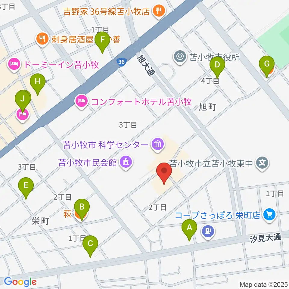 苫小牧市文化会館周辺のファミレス・ファーストフード一覧地図