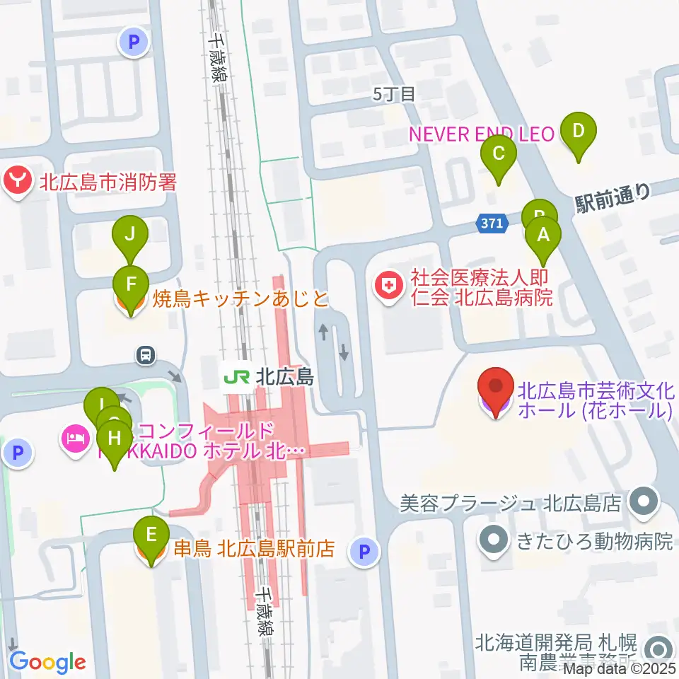 北広島市芸術文化ホール周辺のファミレス・ファーストフード一覧地図
