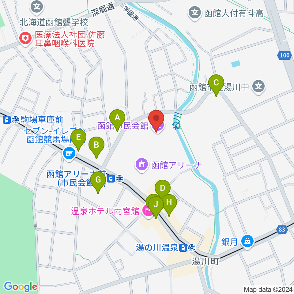 函館市民会館周辺のファミレス・ファーストフード一覧地図