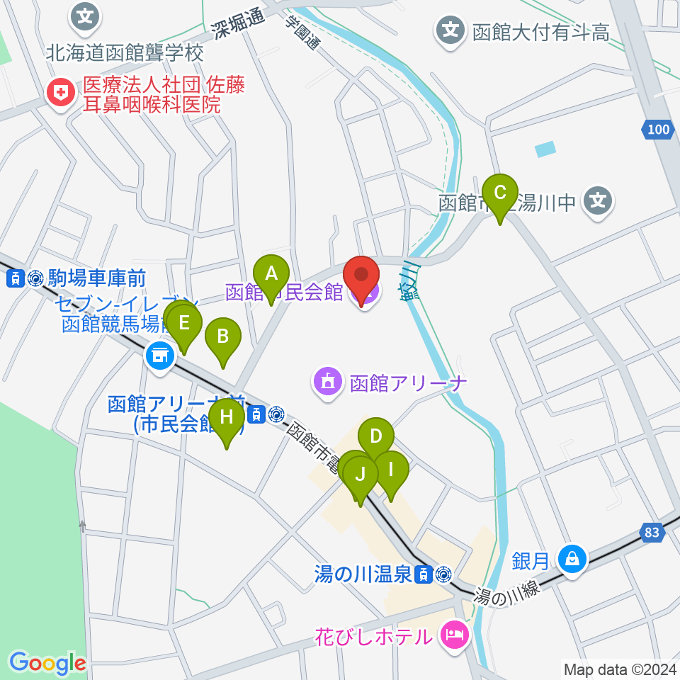 函館市民会館周辺のファミレス・ファーストフード一覧地図