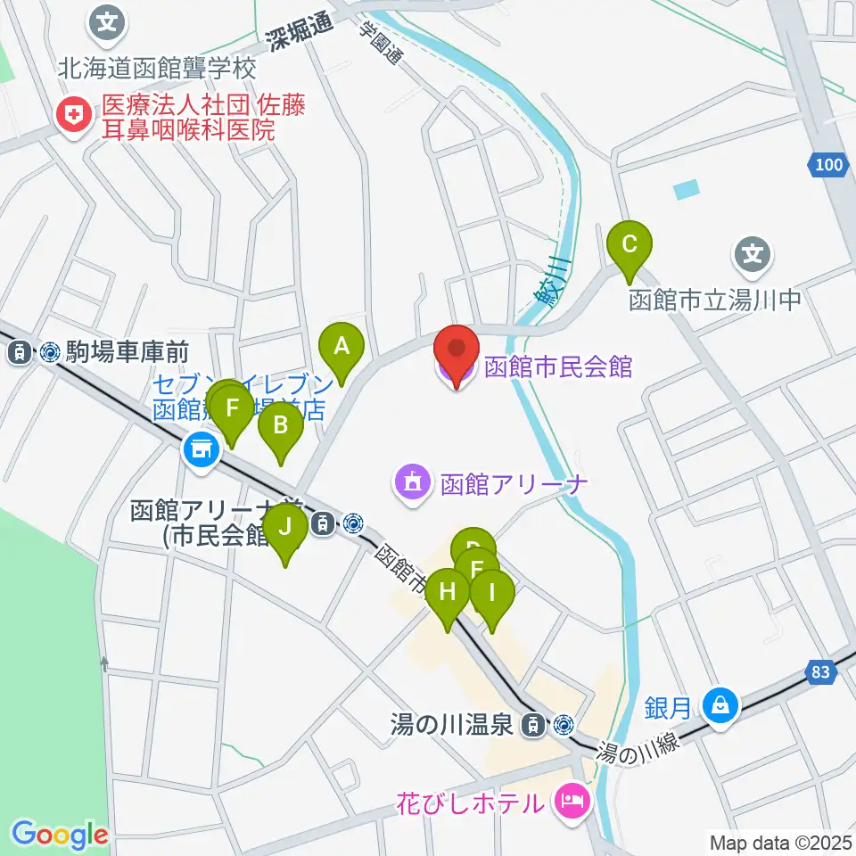 函館市民会館周辺のファミレス・ファーストフード一覧地図