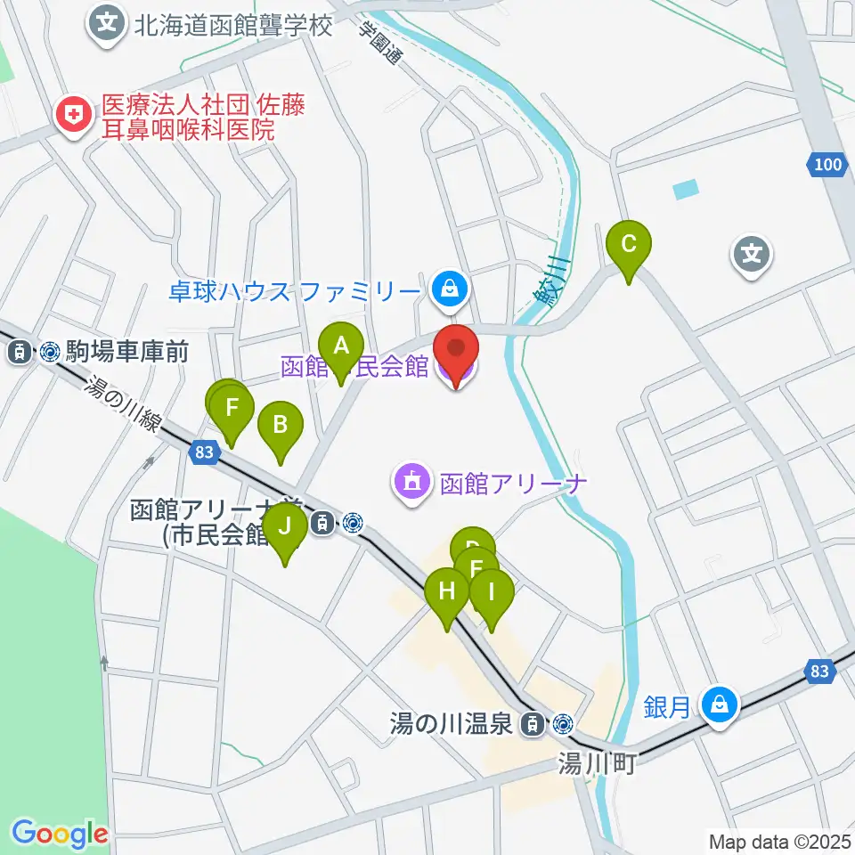 函館市民会館周辺のファミレス・ファーストフード一覧地図