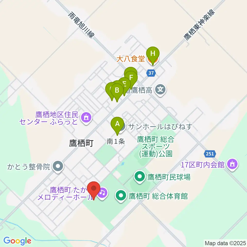たかすメロディーホール周辺のファミレス・ファーストフード一覧地図
