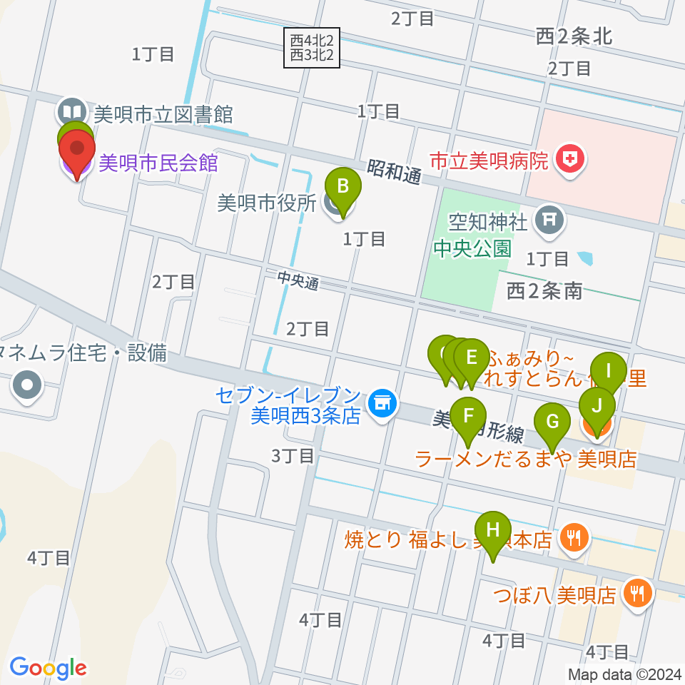 美唄市民会館周辺のファミレス・ファーストフード一覧地図