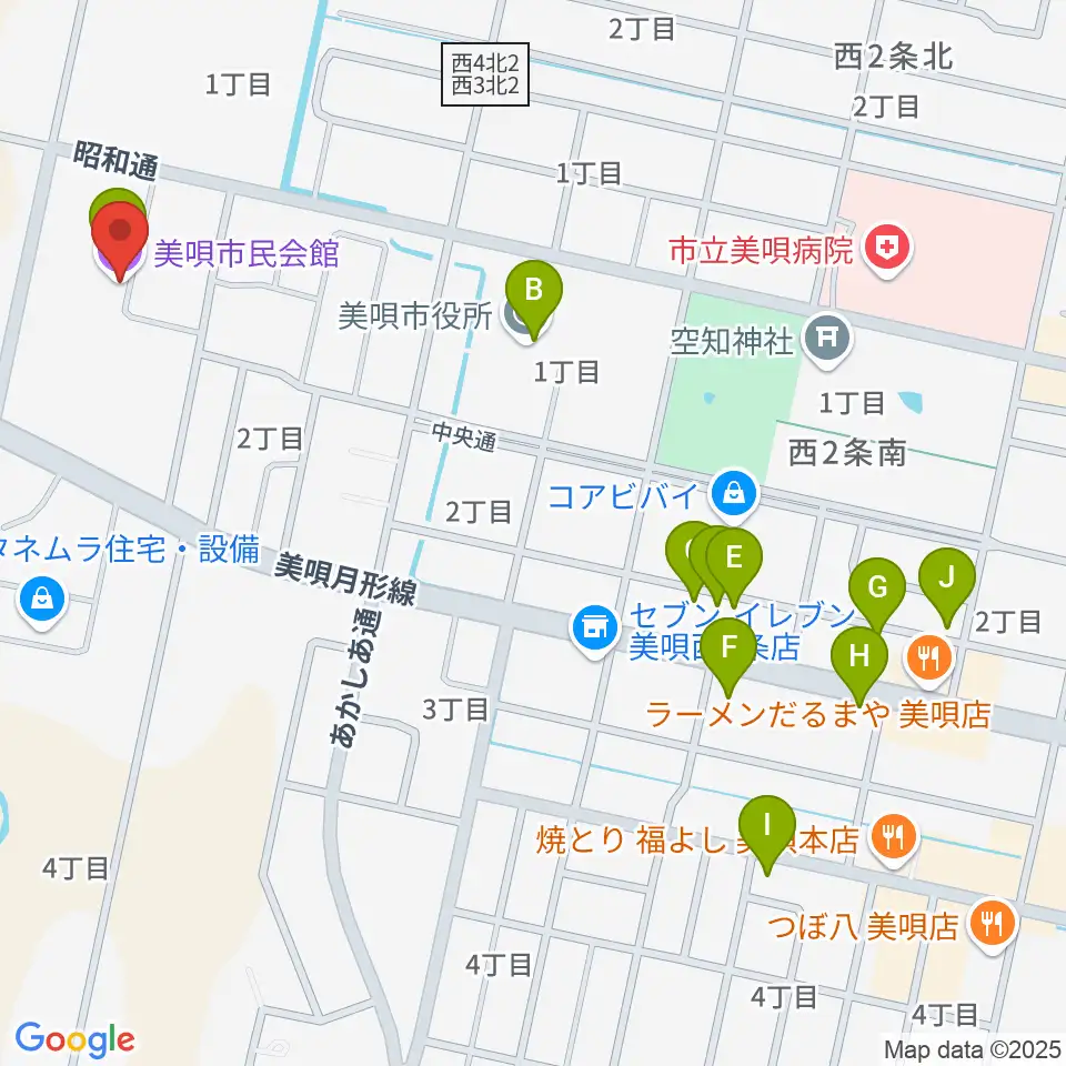美唄市民会館周辺のファミレス・ファーストフード一覧地図