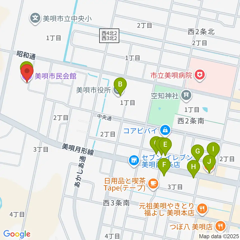 美唄市民会館周辺のファミレス・ファーストフード一覧地図