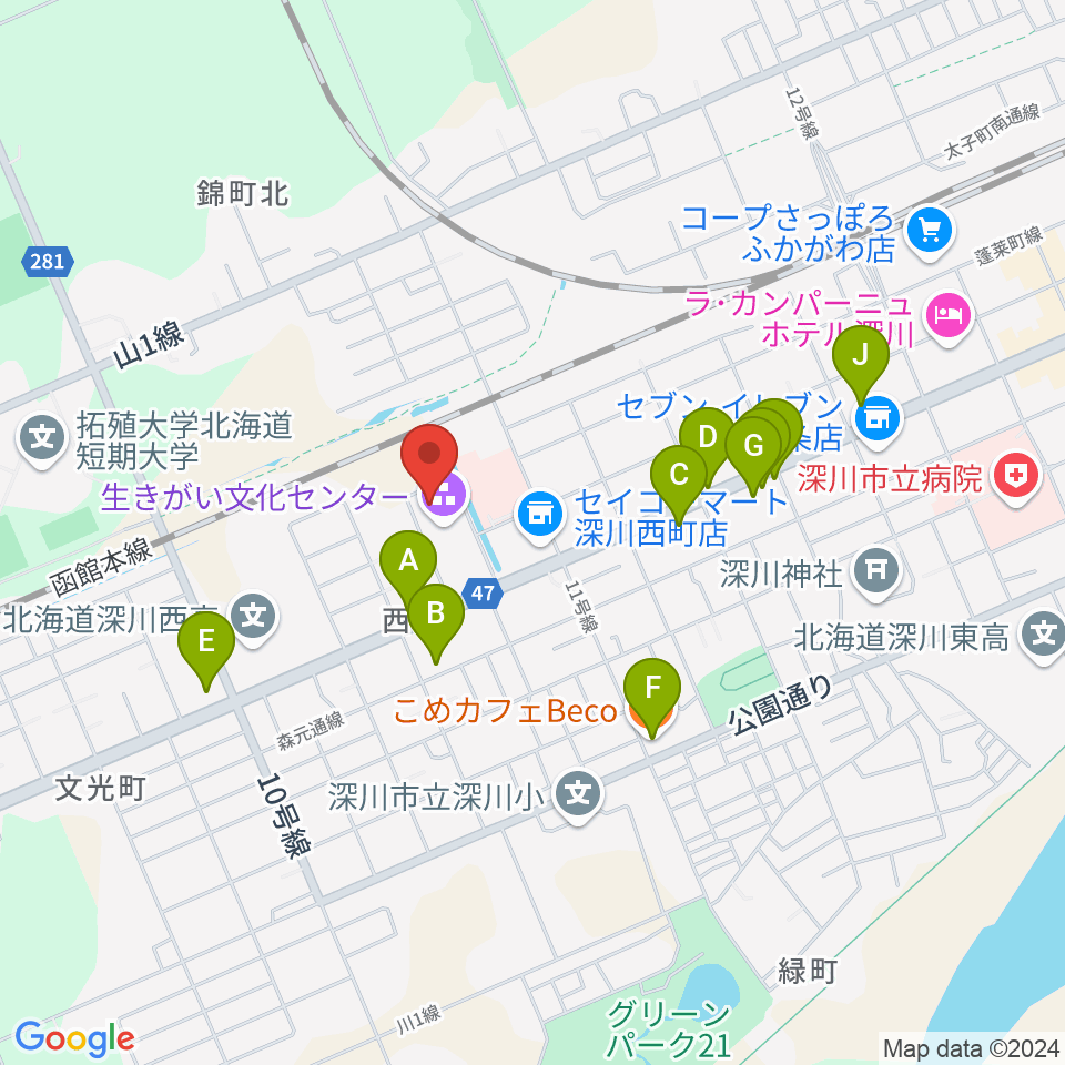 深川市生きがい文化センター周辺のファミレス・ファーストフード一覧地図