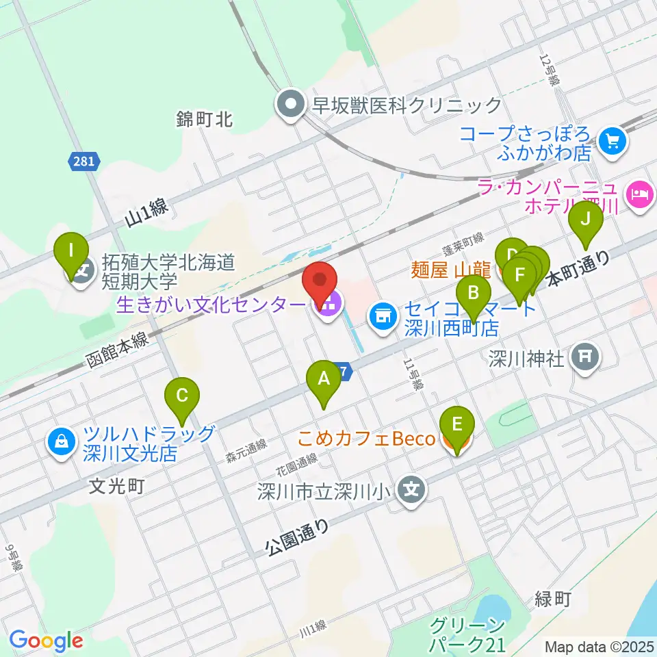 深川市生きがい文化センター周辺のファミレス・ファーストフード一覧地図