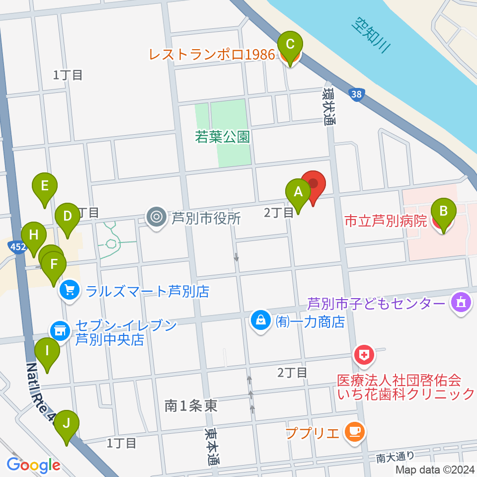 芦別市民会館周辺のファミレス・ファーストフード一覧地図