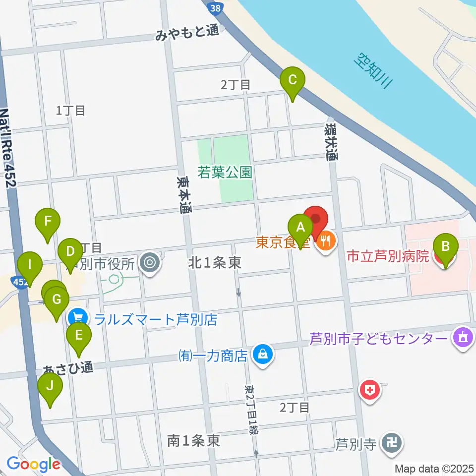 芦別市民会館周辺のファミレス・ファーストフード一覧地図